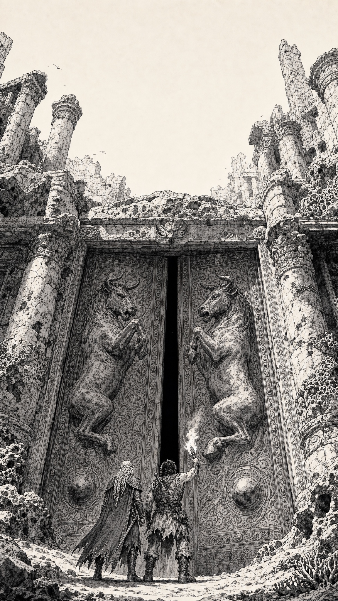 Issue #1 cover — two adventurers before the great bull doors.
