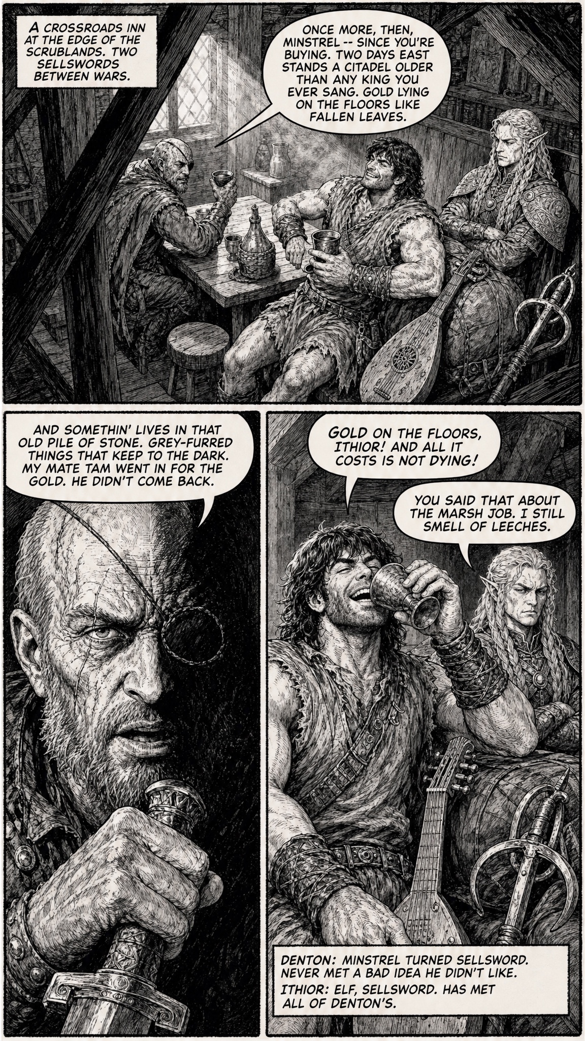 Page 1 — a crossroads tavern: a one-eyed caravan guard tells Denton and Ithior of a citadel full of gold that eats those who enter.