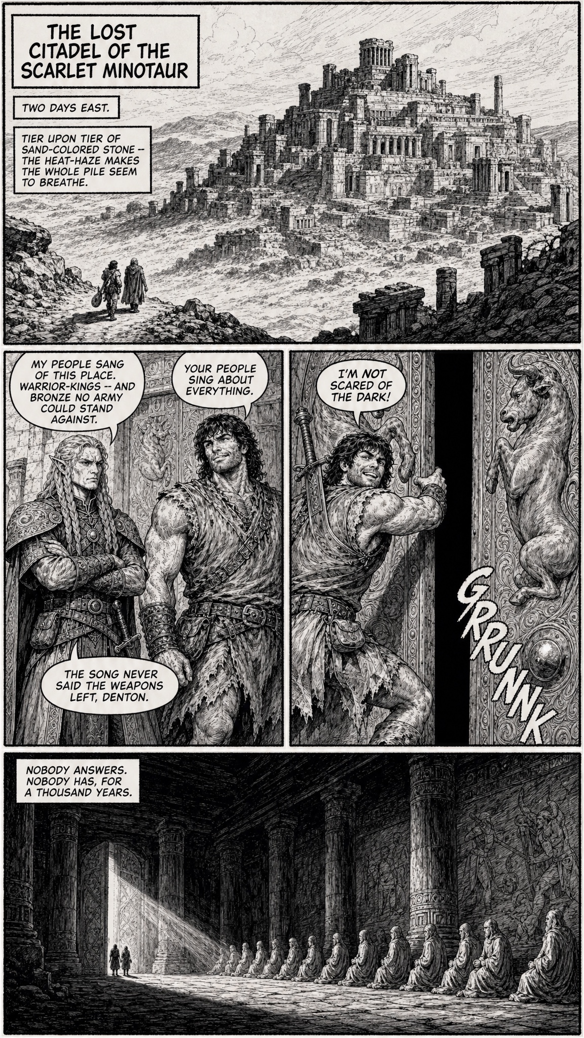 Page 2 — two days east to the citadel; Ithior recalls the old song; Denton shoulders the bull-carved doors open: 'I'm NOT scared of the dark!'