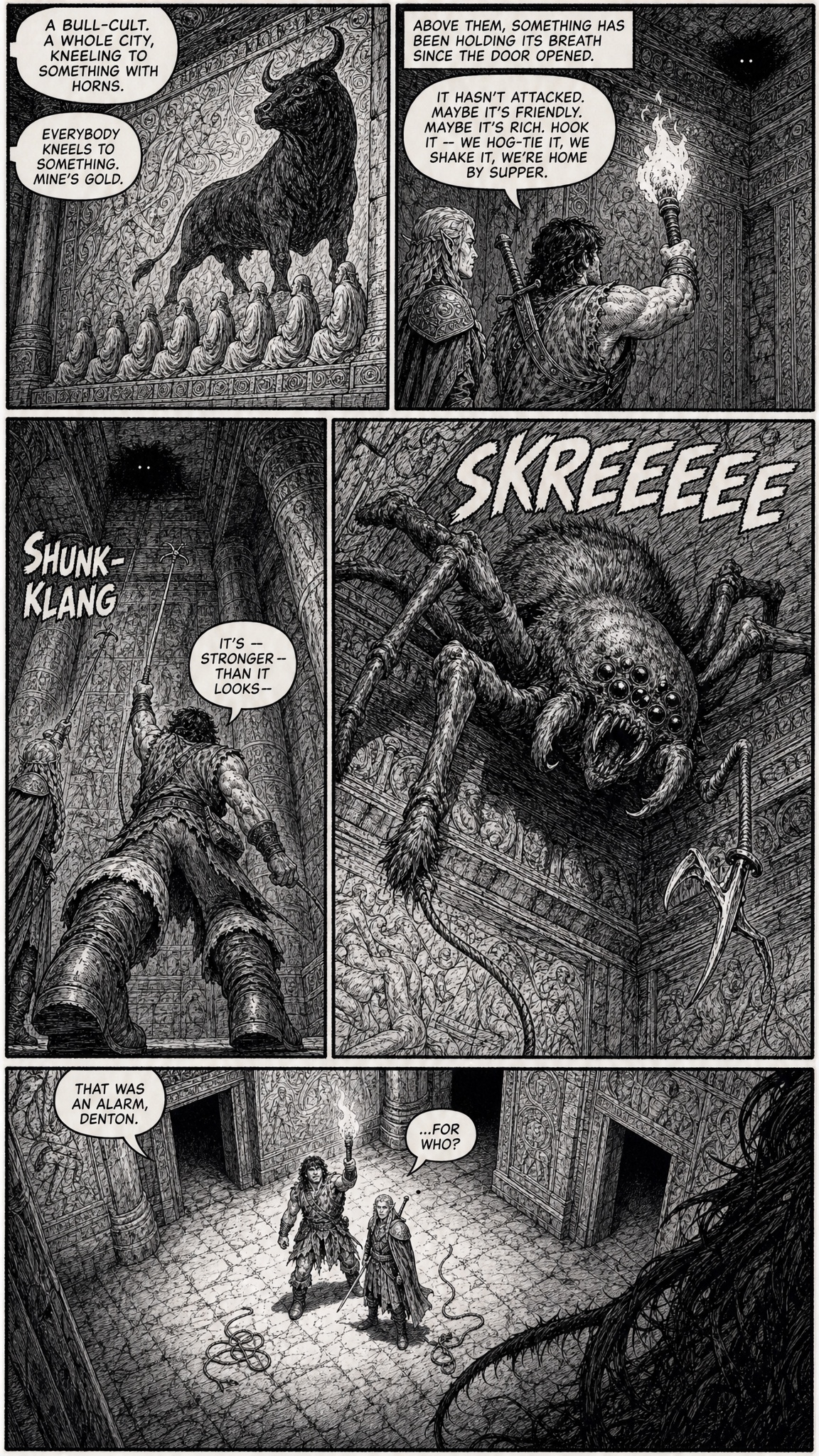 Page 3 — the bull-cult mural; Denton's hog-tie-the-spider scheme wakes the house; an ettercap shrieks an alarm.