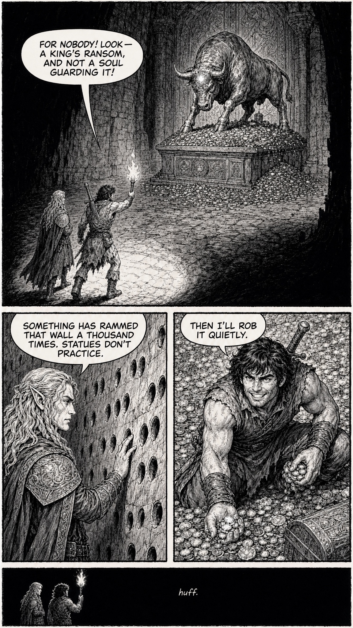 Page 4 — the bronze bull statue heaped with gold; Ithior reads the horn-battered wall; Denton starts robbing it, and something huffs in the dark.