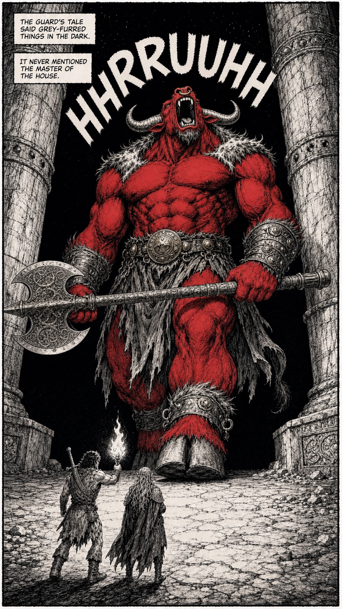 Page 5 — SPLASH: the Scarlet Minotaur steps out of the dark, bellowing, axe raised. 'The guard's tale never mentioned the master of the house.'
