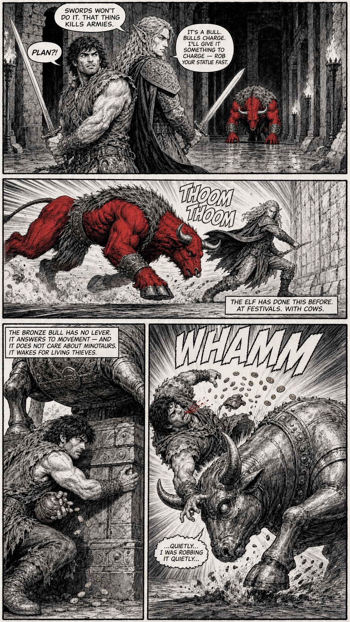 Page 6 — the first olé: Ithior baits the charge while Denton, robbing the statue, is trampled by the waking bronze bull.
