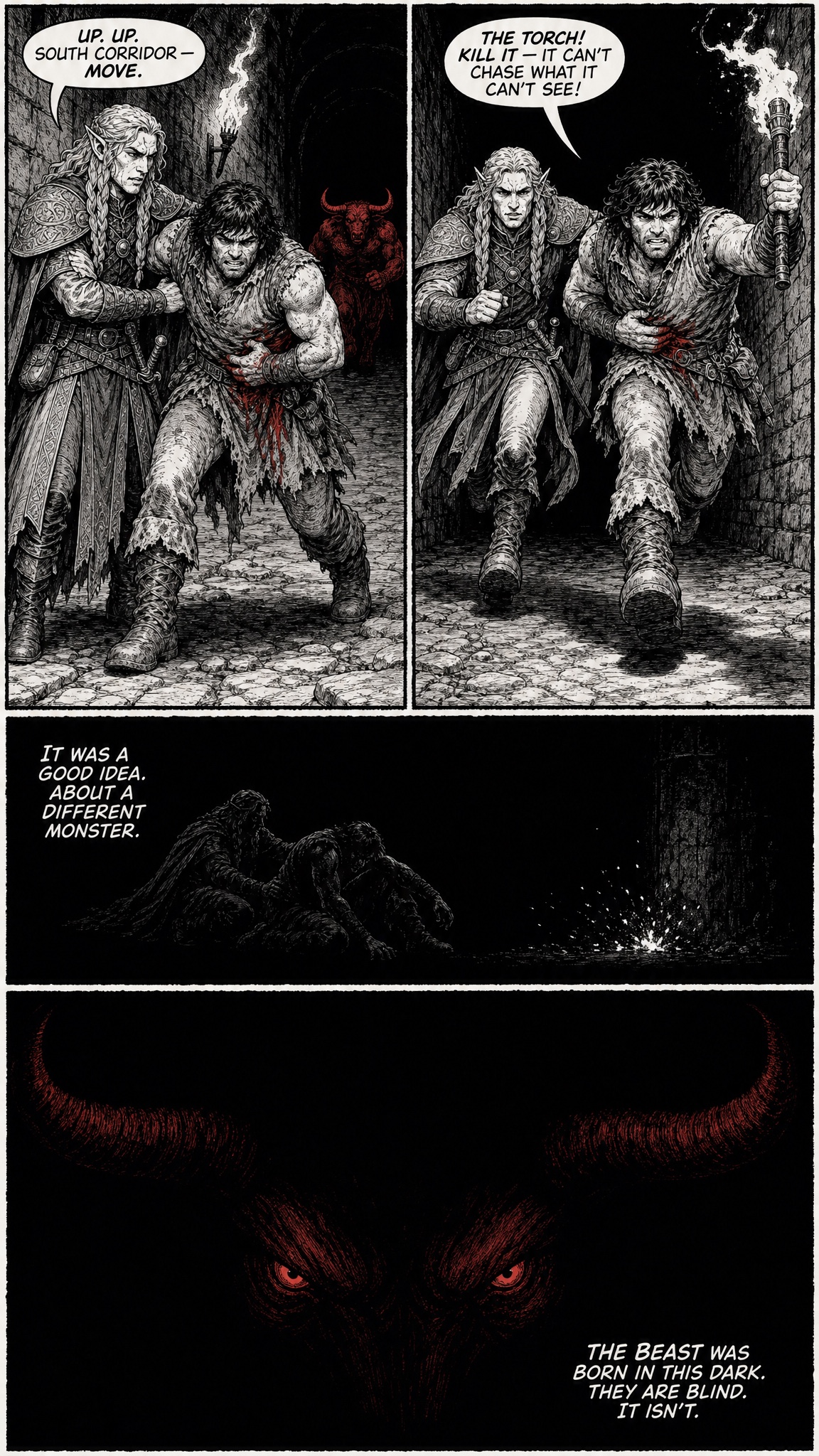 Page 7 — the flight; Denton kills the torch to lose the beast, but it was born in the dark. Two black panels; red eyes close in.