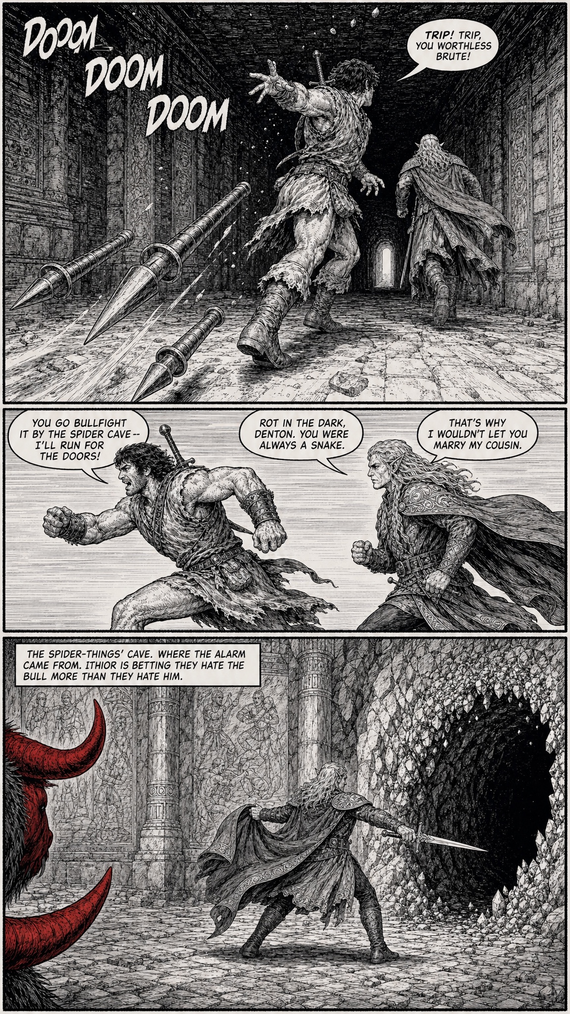 Page 8 — the blind sprint toward daylight; the plan to split up and the cousin insult; Ithior sets up at the spider-cave mouth as horns arrive.
