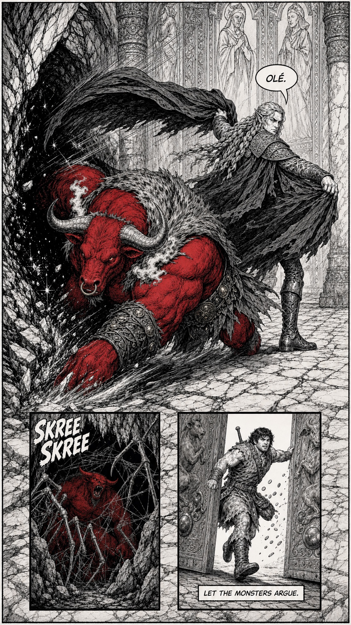 Page 9 — SPLASH: 'Olé.' Ithior sidesteps the charge into the spider cave; insets — the cave erupts, Denton escapes into sunlight. 'Let the monsters argue.'