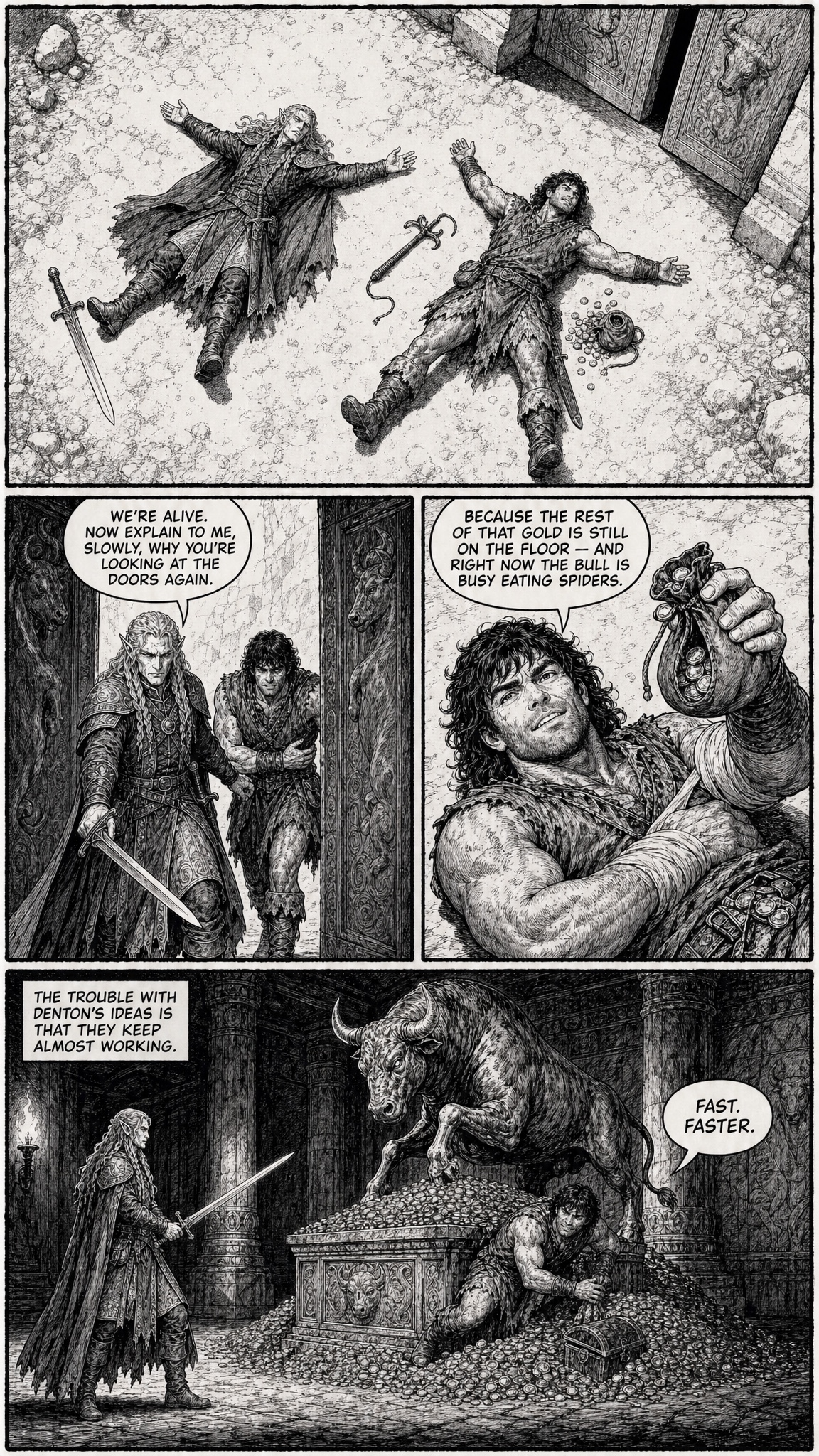 Page 10 — bird's-eye: the two sprawled in the sun, alive; Denton eyes the doors again for the rest of the gold; back in, warier, robbing the statue from behind.