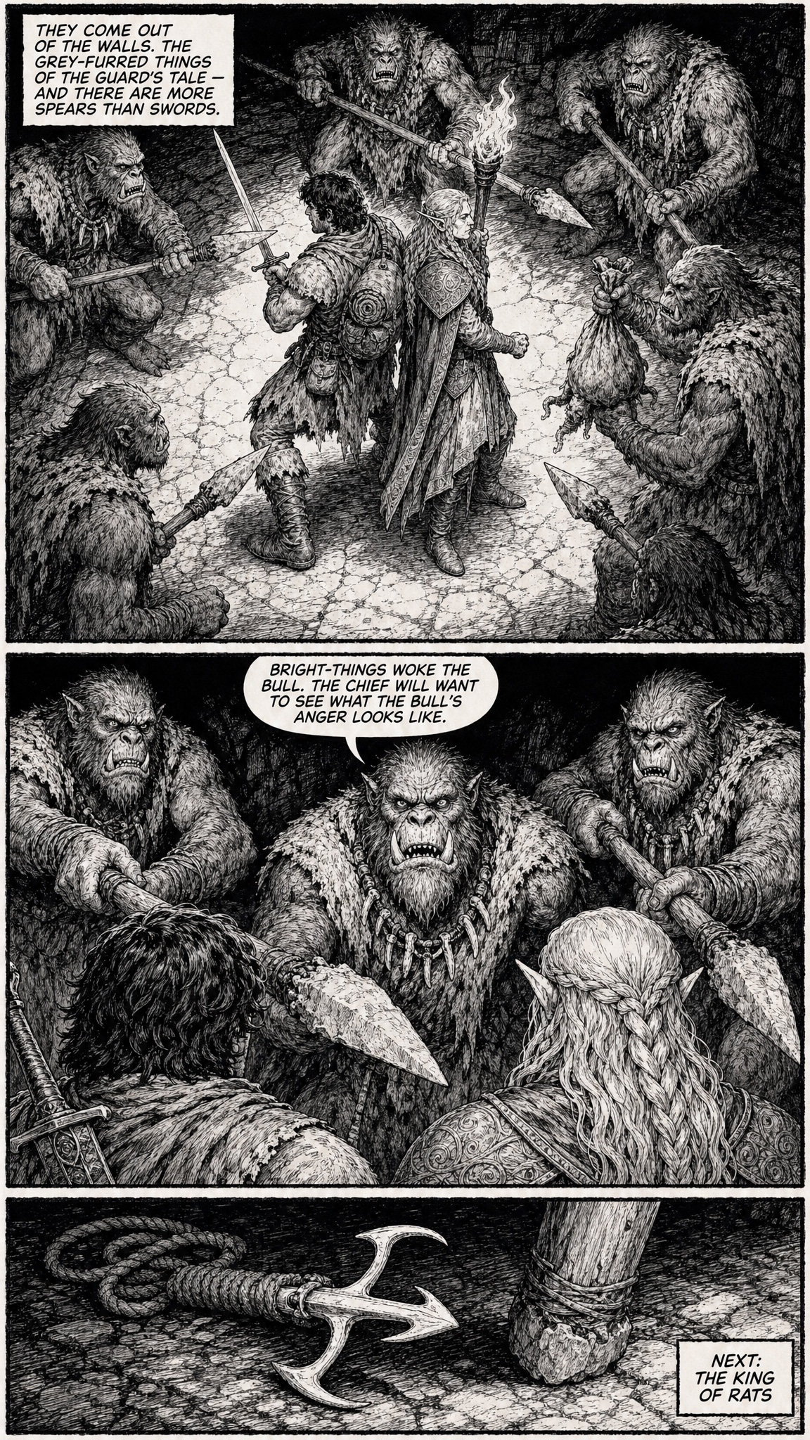 Page 11 — cliffhanger: five grey beastmen ring them with spears. 'The chief will want to see what the bull's anger looks like.' NEXT: THE KING OF RATS.
